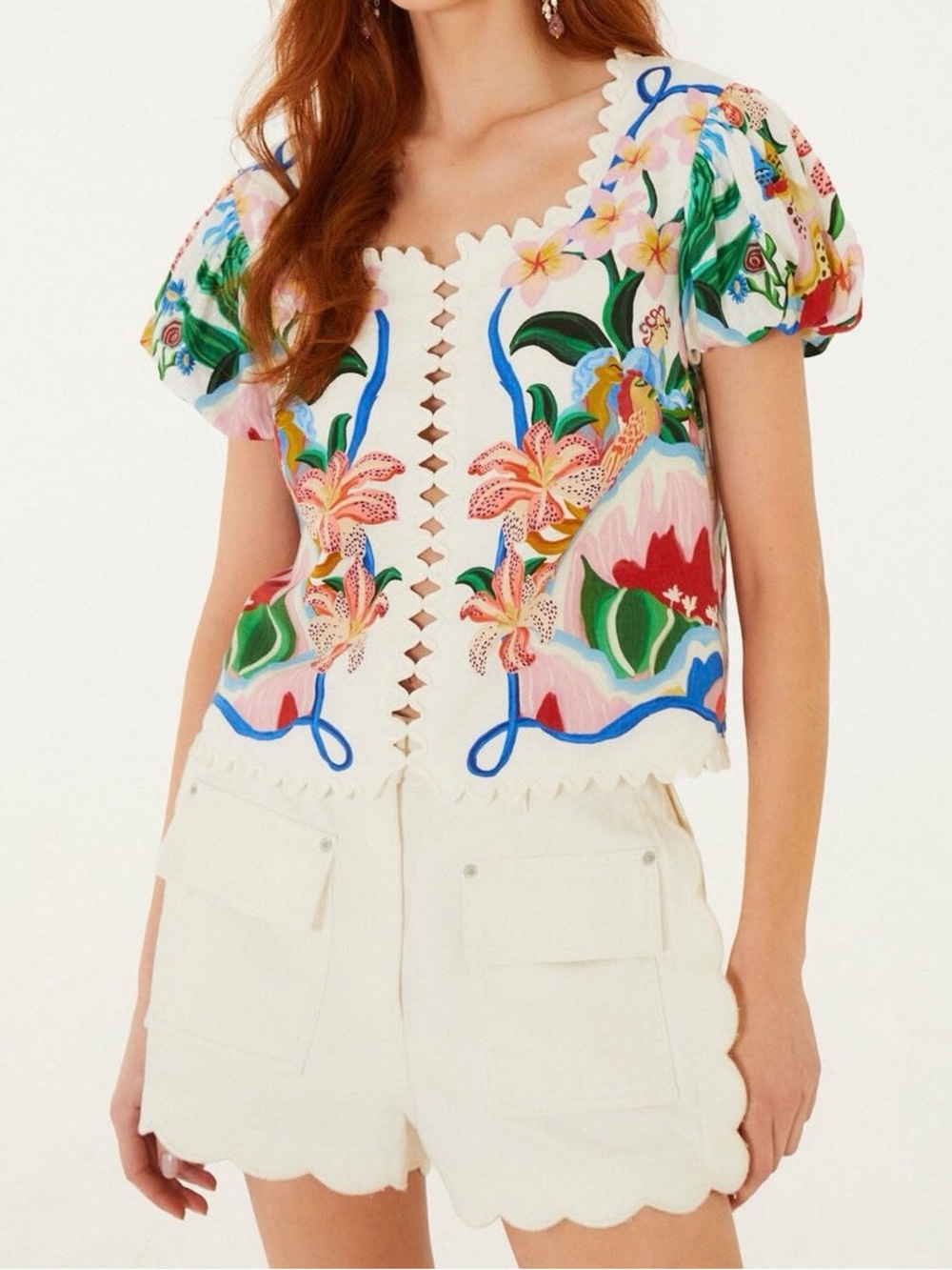 NWT Farm Rio Off-White Garden Of Life Scarf Scalloped Blouse